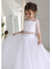 Two Piece White Lace Tulle Elbow Sleeve Flower Girl Dress
